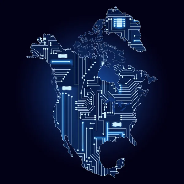 Kaart van Noord-Amerika met elektronische circuit — Stockvector