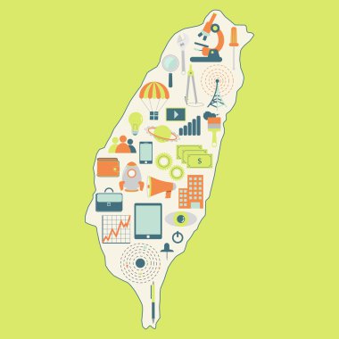 Map of Taiwan with technology icons clipart