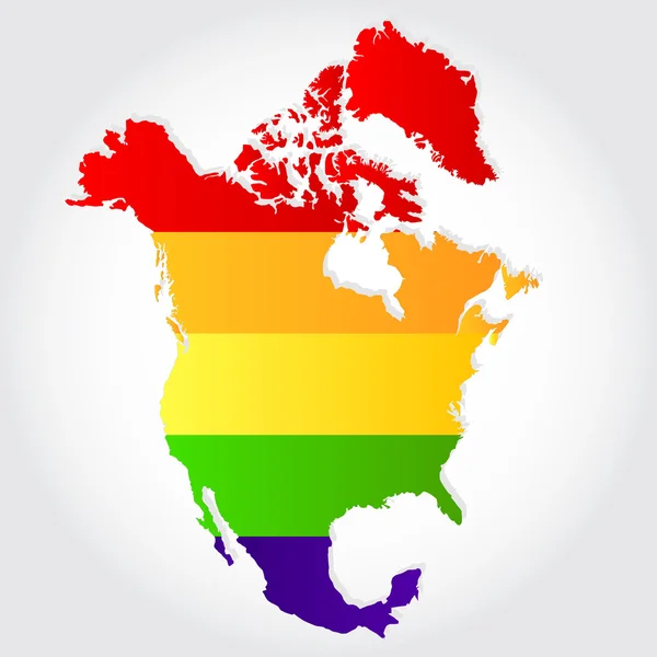 Bandera del arco iris en el contorno de América del Norte — Vector de stock