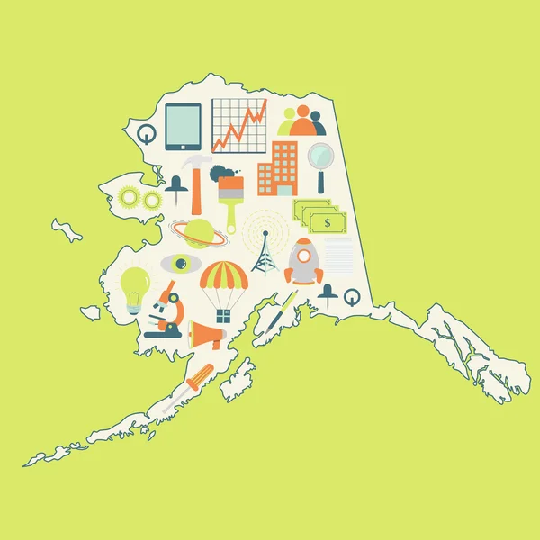 Mappa dell'Alaska con icone tecnologiche — Vettoriale Stock