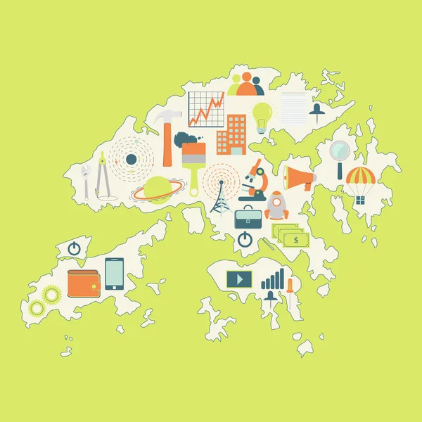 Carte de Hong Kong avec des icônes de la technologie — Image vectorielle