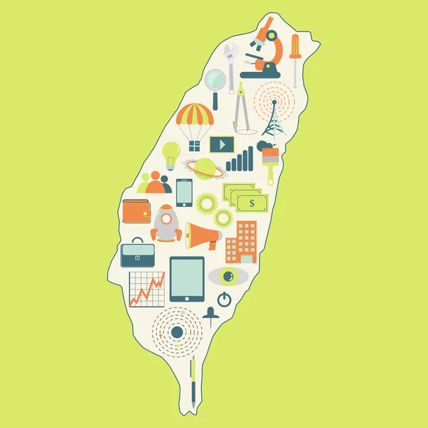 Map of Taiwan with technology icons — Stock Vector