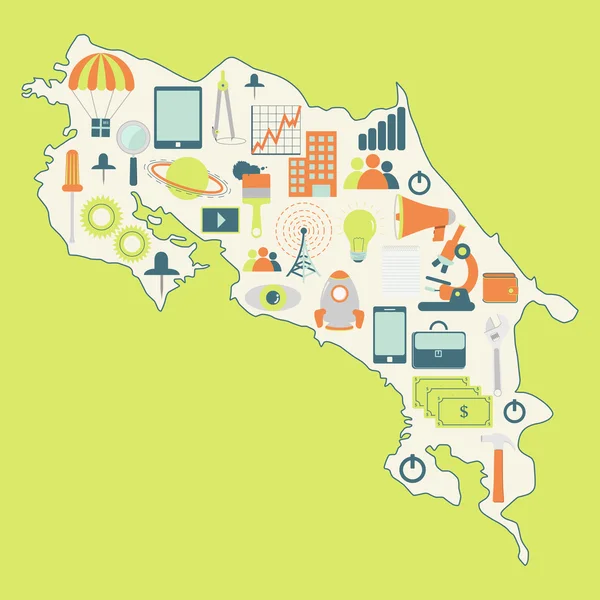 Mapa da Costa Rica com ícones de tecnologia —  Vetores de Stock