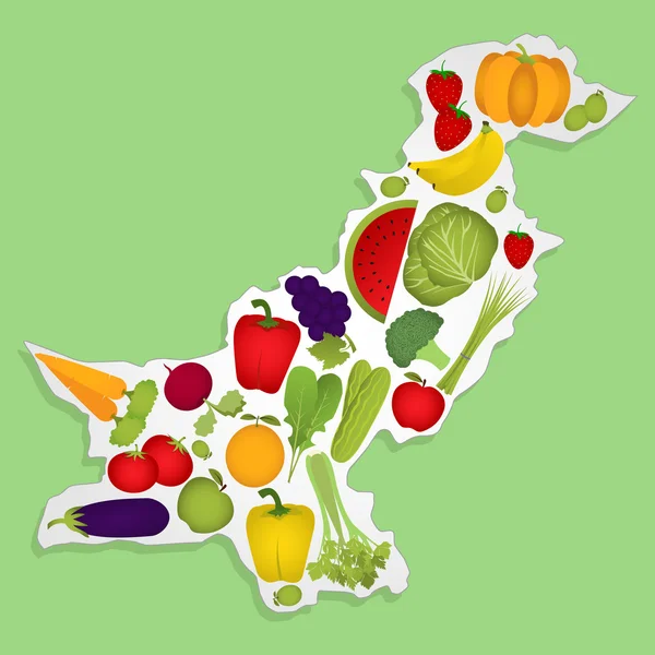 Mappa del Pakistan con frutti — Vettoriale Stock