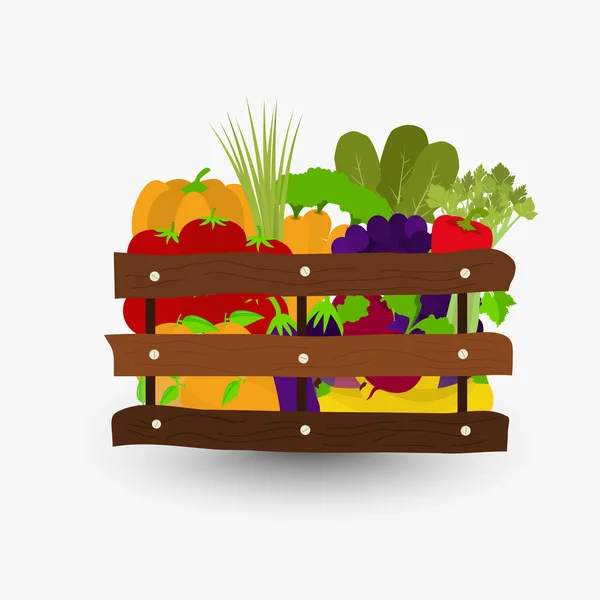 Verduras en cajón de madera — Vector de stock