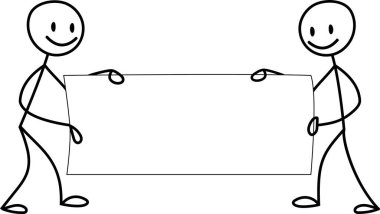 İki çöp adam bir dikdörtgen tahtayı yan yana destekliyor ve elleri hizalı..