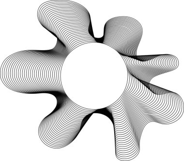 Düzensiz ve akan çizgilerle yayılan yuvarlak bir boşluk ve dış eğri uzantıları içeren grafiksel.