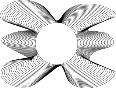 Şekil, merkezi bir daire ve organik dönüşümlü düzensiz eğri çizgilerden oluşan dış sıvı formu ile tanımlanır..