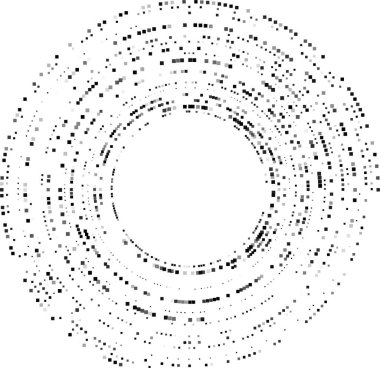 Merkezin yakınında yoğunlaşmış gruplu noktalar tarafından oluşturulan yoğun çember yoğun bir radyal dağılım oluşturuyor..