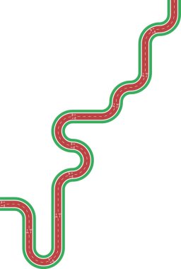 Vektör ögesi yuvarlak dalga yolları, çimenli medyan ayrımı, ok işaretlemesi ve bisiklet sembolü kullanarak bir kare labirent bisiklet şeridini betimliyor.