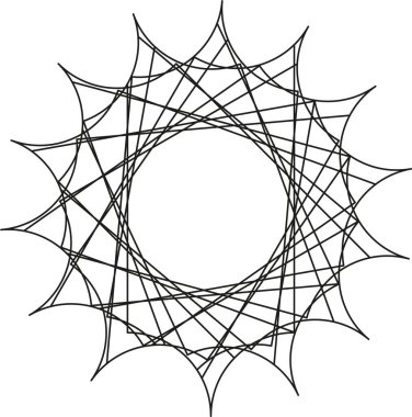 Simetrik bir halka oluşturan sivri yıldızımsı noktalarla çevrili dairesel geometri.