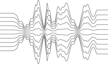 Ritmik dalgalarla kesişen kalın kıvrımlı çizgilerle temsil edilen çoklu üst üste binen salınımlar.