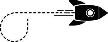 Kesik çizgili bir roket ikonu düz ve dairesel bir yol oluşturuyor..