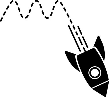 Bir roket simgesi kesikli bir çizgi ile havalanıyor dalga desenleri oluşturuyor..