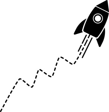 Bir roketin simgesi çizgili bir çizgi ile havalanıyor, zigzag çiziyor ve yuvarlanıyor.