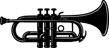 Silhouette of a trumpet with three valves and flared bell representing a brass wind instrument.