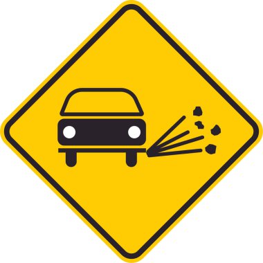 Sarı eşkenar dörtgen trafik levhası sürücülere önümüzdeki yolda gevşek çakıl taşlarını haber veriyor..