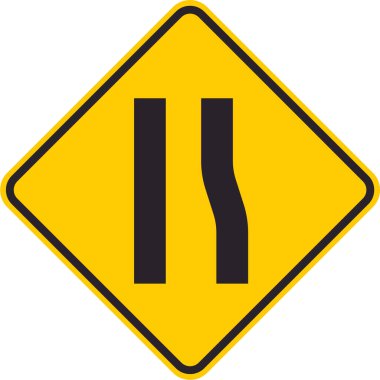Sürücüleri sağ taraftaki dar bir yoldan uyaran sarı eşkenar dörtgen trafik işareti.