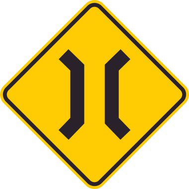 Sürücüleri dar bir köprü konusunda uyaran sarı eşkenar dörtgen trafik işareti.