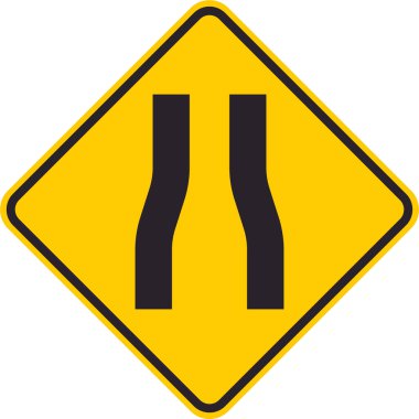 Sürücüleri dar bir yola karşı uyaran sarı eşkenar dörtgen trafik işareti.