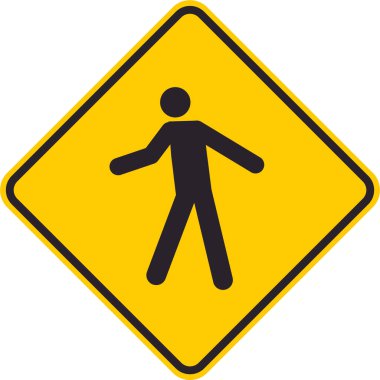 Önümüzde yaya geçidi olduğunu belirten sarı eşkenar dörtgen trafik işareti.