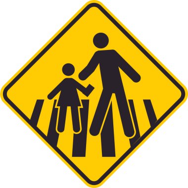 Okul bölgesinde yaya geçidi sürücülerini uyaran sarı eşkenar dörtgen trafik levhası.