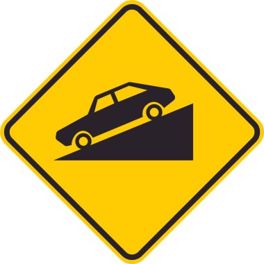 Sarı eşkenar dörtgen trafik levhası sürücüleri yokuş aşağı giden dik bir yamaçtan haberdar ediyor..