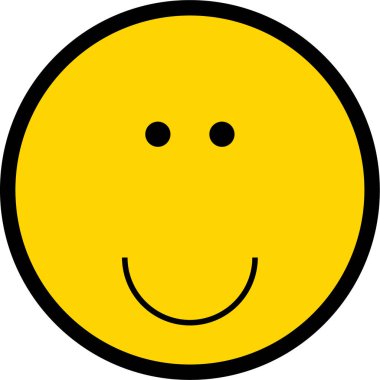 Siyah bir felçli sarı dairesel yüz, kıvrık dudaklı ve oval gözlü neşeli çizgi film tarzı bir gülümseme sergiliyor..