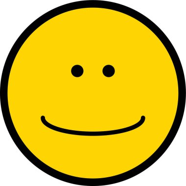 Siyah hatlı sarı yuvarlak bir yüz, yumuşak gözlü ve nazik bir gülümsemeye sahip dostane bir ifade..