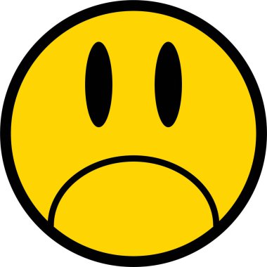 Siyah felçli sarı dairesel bir yüz, karikatür tarzı huysuz bir ağız ve hoşnutsuz bir bakış..