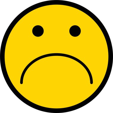 Siyah çizgili sarı dairesel bir yüz, somurtkan ve üzgün bir ifade ve sarkık gözler..