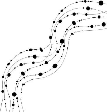 Kompozisyon bir labirent yapısını izleyen tek bir çizgi gösterir döngü dönüşleri ve boşlukta ilerlemeyi gösteren noktalar.