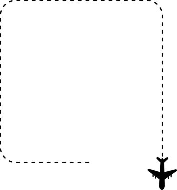 Yuvarlak bir köşesi olan kare şeklinde çizilmiş bir çizgi ve bir köşede bir uçağa giden bir açıklık..