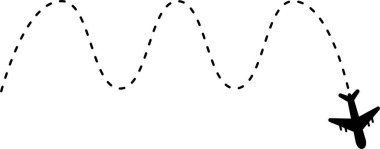 Dalgalı çizgiler, sonunda bir uçak simgesi olan bir seyahat rotası oluşturuyor.