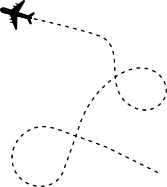 İki çizgili çizgi, sonunda bir uçak simgesi olan bir seyahat rotası oluşturuyor..