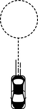 Kesik çizgi yolu tarafından oluşturulan dairesel diyagramı olan araba simgesi (üst görünüm).