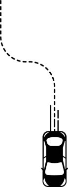 Belirli bir yönü gösteren eğri çizgili çizgi yolu ile araba simgesi (üst görünüm).