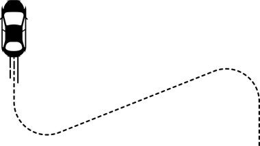 Kavisli, çapraz çizgili çizgili üst görünüm araba simgesi.