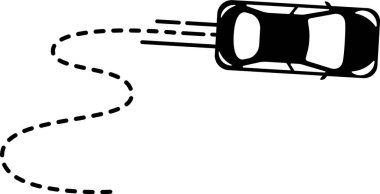 Yön değiştirmeyi gösteren eğri çizgili çizgi izi olan üst- görünüm araba simgesi.