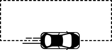 Keskin köşeli geometrik bir dikdörtgen takip çizgisi çizili üst görünüm araba simgesi.