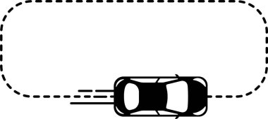 Yuvarlak köşeli geometrik bir dikdörtgen takip çizgisi çizili üst görünüm araba simgesi.