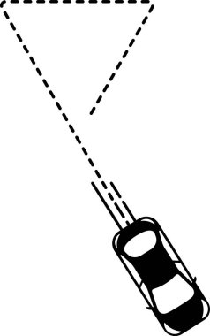 Sivri uçlu geometrik bir üçgeni takip eden çizgili çizgi izine sahip üst görünüm araba simgesi.