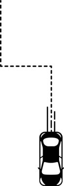 Düz noktalı, köşeli bir çizgi yolu olan üst görünüm araba simgesi.