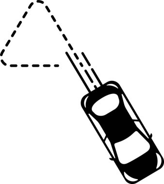 Yuvarlak köşeli üçgen noktalı çizgi yolu ile üst- görünüm araba simgesi.