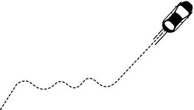 Dalgalı noktalı çizgi yolu ile araba simgesi (üst görünüm).