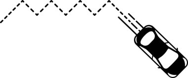 Zigzag noktalı çizgi yolu ile araba simgesi (üst görünüm).