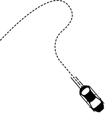 Üstteki görünümde araç simgesi çizgili bir çizgi ile yuvarlak bir yolda ilerliyor.