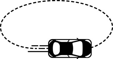 Araba simgesi üst görüntüde oval dairesel bir yolda çizgili bir çizgi izi ile ilerliyor.