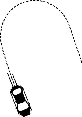 Üstteki görünümde araç simgesi çizgili çizgili çizgili yuvarlak bir yolda ilerliyor.