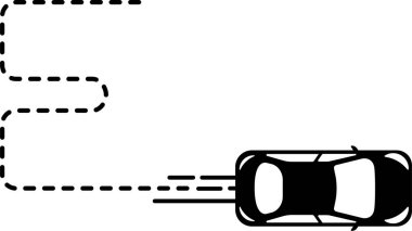 E biçimli çizgili üst görünüm araba simgesi.